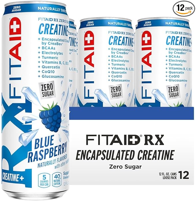 Lifeaid Fitaid Rx + Creatine Drink, Blue Raspberry, Zero Sugar, Vegan, Kosher, Keto Friendly, Gluten Free, 12 Fluid Ounce (Pack of 12)