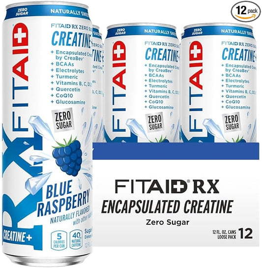 Lifeaid Fitaid Rx + Creatine Drink, Blue Raspberry, Zero Sugar, Vegan, Kosher, Keto Friendly, Gluten Free, 12 Fluid Ounce (Pack of 12)