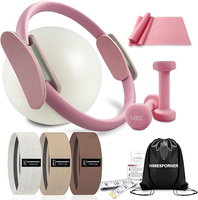 Pilates Equipment Kit for Home Workout, Pilates Ring and Ball Set with 2.2lb *2 Dumbbells, Fabric Resistance Bands, Tape Measure, Bag, Pilates Essentials Accessories for Women Yoga