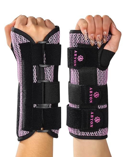 ABYON Carpal Tunnel Wrist Brace Night Support – Wrist Splint for Pain Relief, Tendonitis, Arthritis, Sprains – Lightweight, Breathable Padded Hand Brace for Men & Women,Right Hand (Large, Black/Pink)