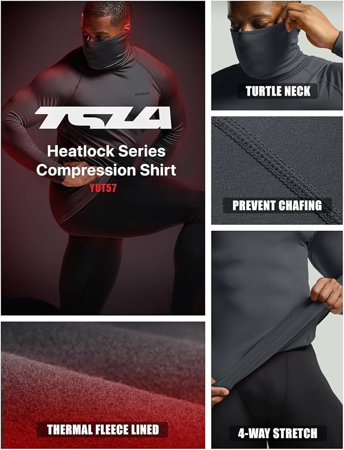 TSLA Men's Thermal Long Sleeve Compression Shirts, Mock/Turtleneck Winter Sports Running Base Layer Top