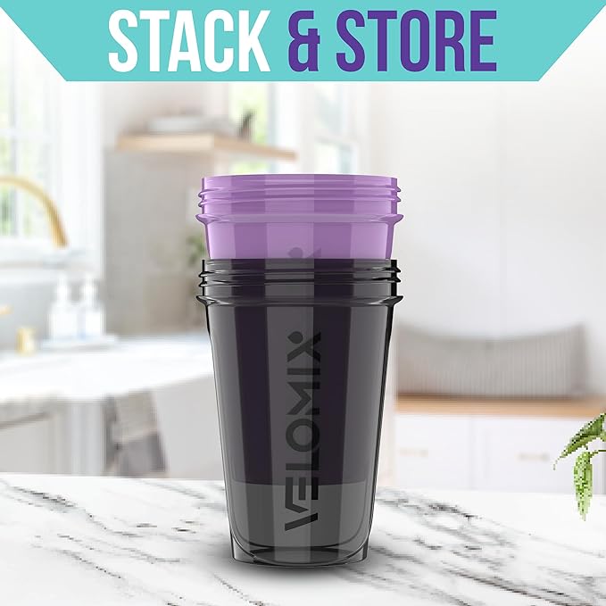 VELOMIX -2 Pack- 20 oz Protein Shaker Bottles for Protein Mixes - 2x Wire Whisk | Leak Proof Shaker Cups for Protein Shakes and Pre Workout | Protein Shaker Bottle Pack (Purple/Black)