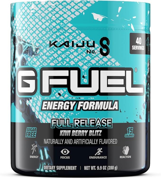 G Fuel Full Release Energy Drink Powder, Pre Workout Caffeine Mix for Gaming, Sugar Free Focus Amino, Vitamin + Antioxidants, 9.9oz (Kiwi Berry Watermelon, 40 Servings)