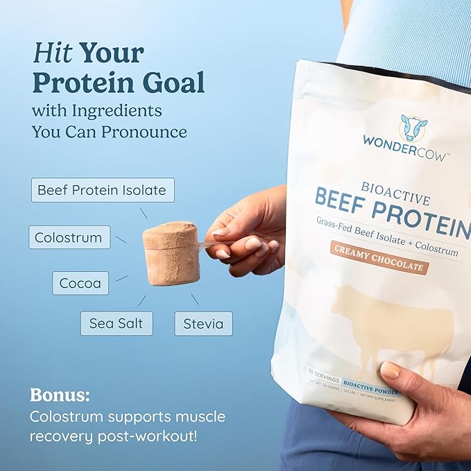 WONDERCOW Beef Protein Isolate Powder w/Bovine Colostrum Supplement | Clean, 100% Grass Fed, Carnivore, Keto Friendly | Gluten Free | Helps Build Lean Muscle | 20g of Protein, 30 Servings, Chocolate