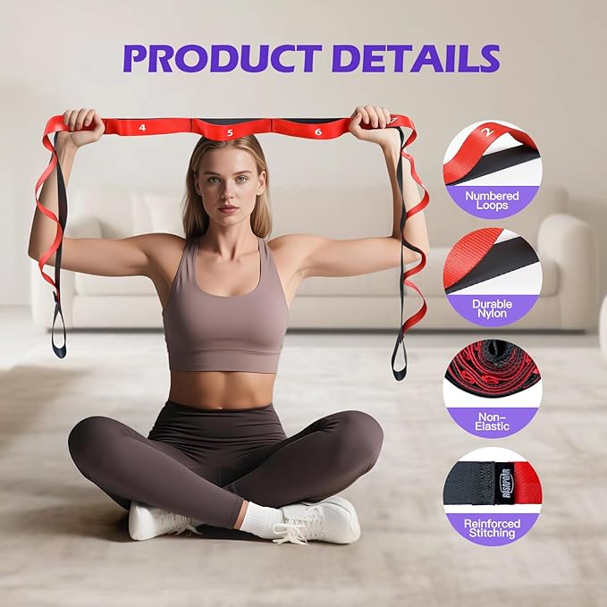 ROSAPOAR Stretching Strap with Loops - Non Elastic Yoga Straps for Physical Therapy, Durable Stretch Bands for Exercise, Flexibility Training, Hamstring & Leg Stretcher, Yoga/Pilates/Gymnastics