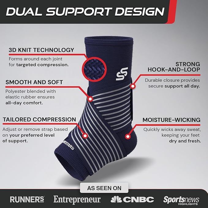 Sleeve Stars Ankle Brace for Women & Men, Ankle Wrap for Sprain, Compression Sleeve for Plantar Fasciitis Relief, Easy Customizable Support: w/ Removable Strap (Pair/M:10"-12"/Navy Blue)