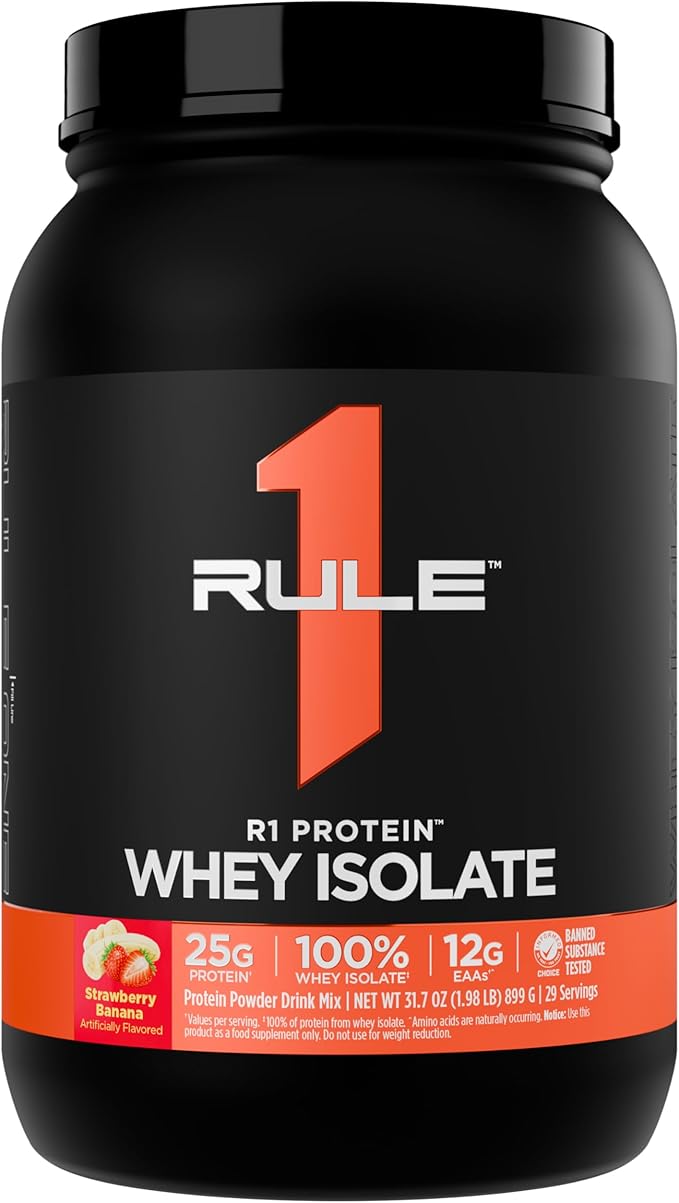 Rule 1 R1 Protein Whey Isolate - with 25g Protein & 6g BCAA Exclusively from Isolated & Hydrolyzed Sources for Workout Recovery (2 Pounds*, Strawberry Banana)