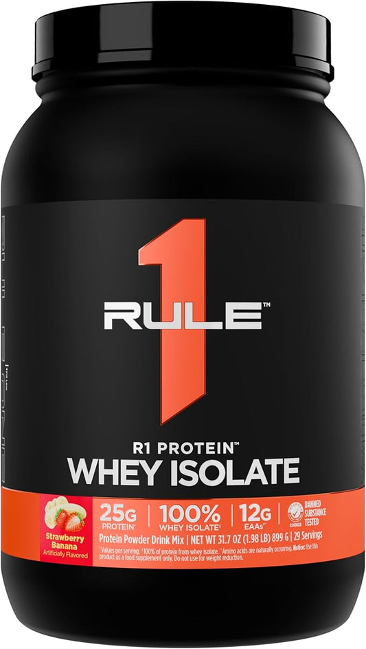 Rule 1 R1 Protein Whey Isolate - with 25g Protein & 6g BCAA Exclusively from Isolated & Hydrolyzed Sources for Workout Recovery (2 Pounds*, Strawberry Banana)