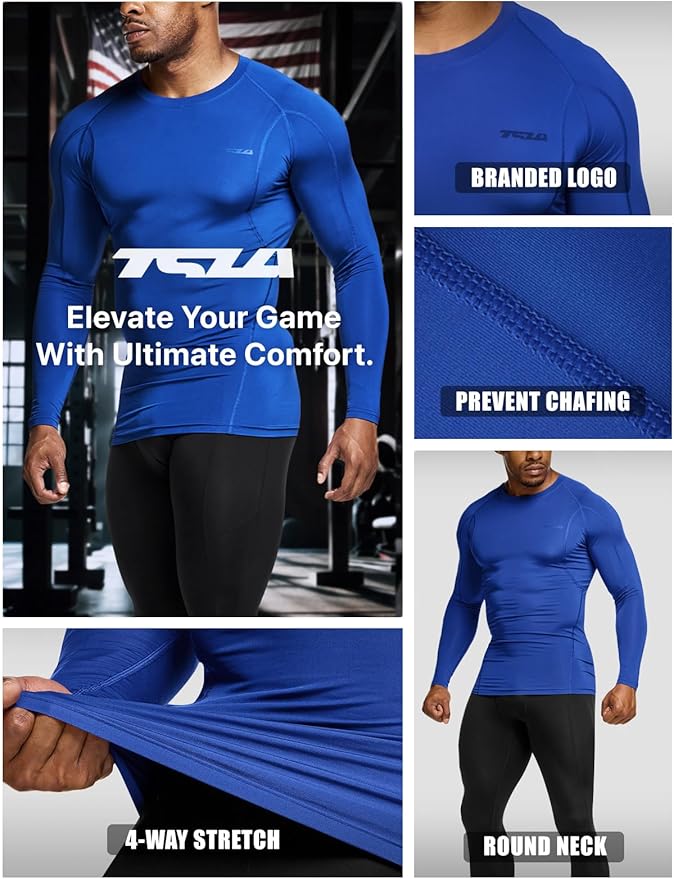 TSLA Men's UPF 50+ Compression Shirts, Cool Dry Long Sleeve Athletic Tops, Sports Baselayer Workout Shirt