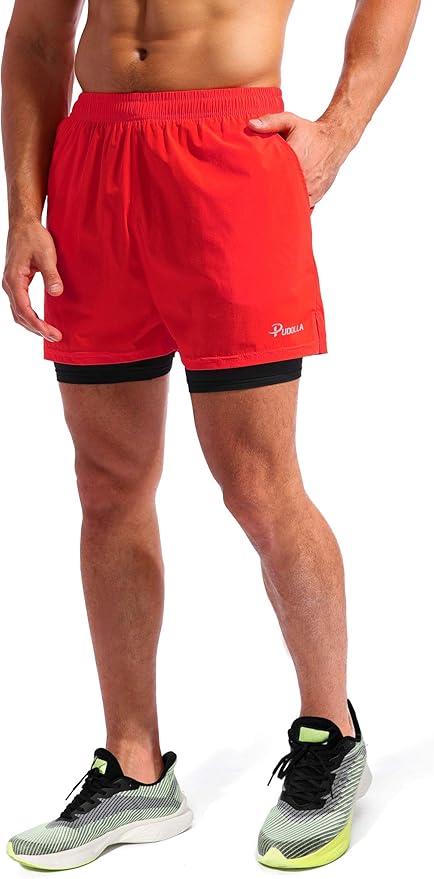 Pudolla Men’s 2 in 1 Running Shorts 5" Quick Dry Gym Athletic Workout Shorts for Men with Phone Pockets