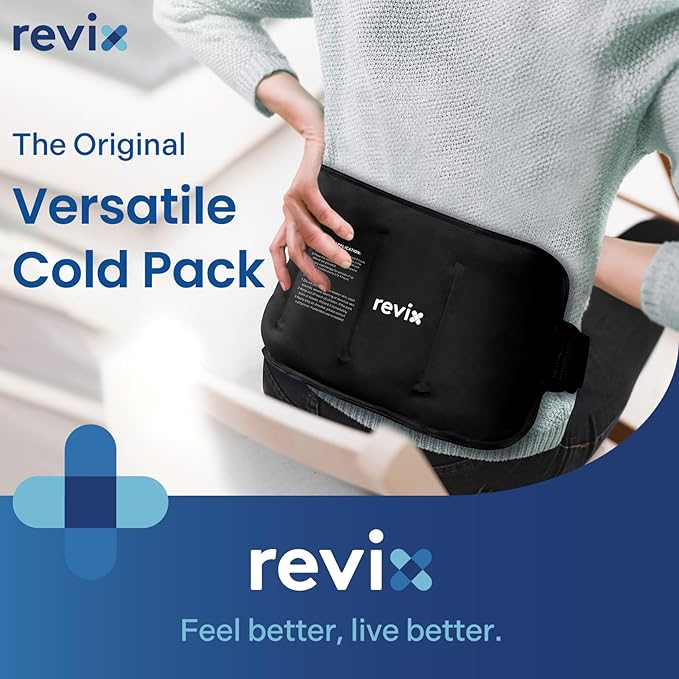 REVIX 16" × 9" Flexible Gel Ice Packs Reusable for Lower Back with Strap, Dual-Sided Soft Body Ice Wraps for Shoulder, Neck, Abdomen and Leg Relief, Black 2 Packs