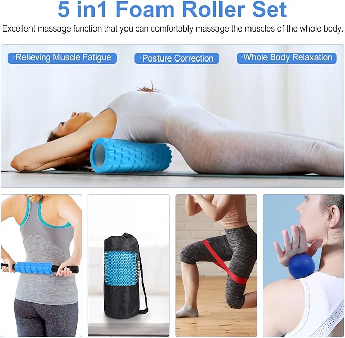 5 in 1 Foam Roller Set Includes Hollow Core Massage Roller, Yoga Stick, Massage Ball, Fitness Stretching Strap, Massage Roller, Carrying Bag, Towel (Blue)