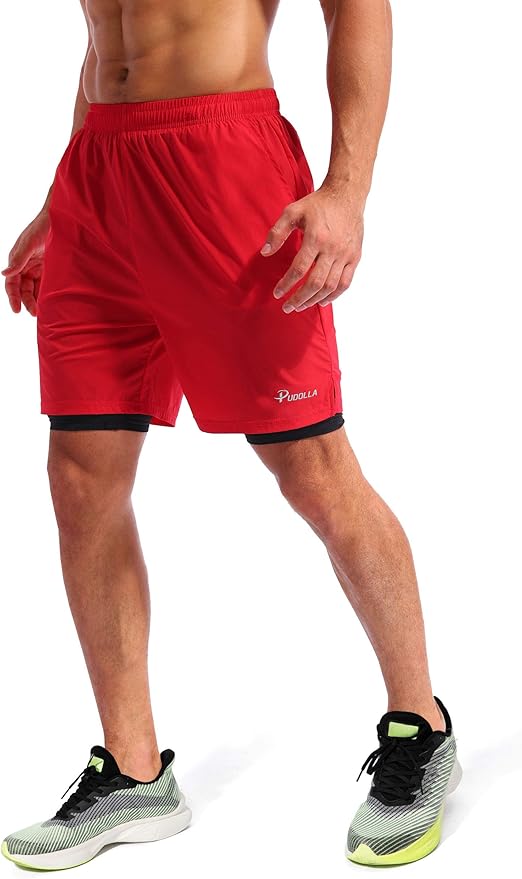 Pudolla Men’s 2 in 1 Running Shorts 5" Quick Dry Gym Athletic Workout Shorts for Men with Phone Pockets