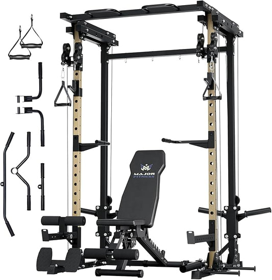 MAJOR FITNESS Drone3 Power Rack, Multi-Function Home Gym Squat Rack with Pull-Up Bar, Cable Crossover & J-Hooks, Heavy-Duty Steel Frame for Maximum Stability & Strength Training