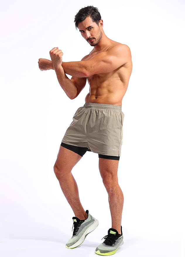 Pudolla Men’s 2 in 1 Running Shorts 5" Quick Dry Gym Athletic Workout Shorts for Men with Phone Pockets