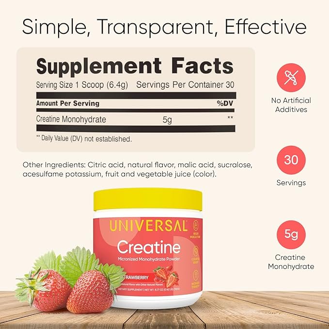 Universal U Creatine Monohydrate for Women - Flavored Creatine Powder, Female Strength, Energy, Lean Muscle Support and Recovery Supplement, No Bloat, No Bulk, 5g Per Serving, 30 Servings, Strawberry