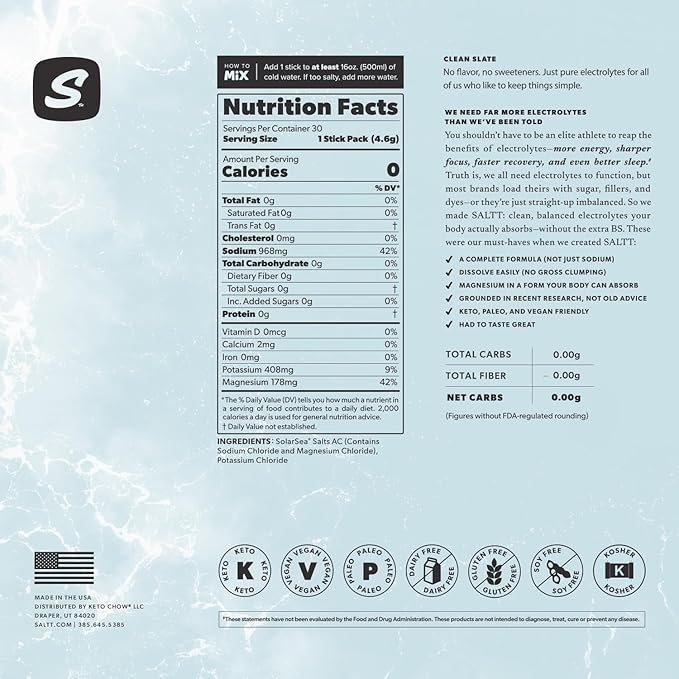 SALTT Electrolytes Powder Unflavored Drink Mix - Clean Slate - 30 Hydration Packets - Magnesium, Potassium, Sodium, Trace Minerals - Zero Sugar & Gluten Free - Travel Essentials