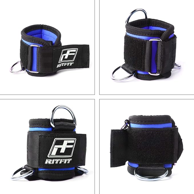 RitFit Kickback Ankle Straps Padded Ankle Strap for Cable Machine,Strong Hook and Loop,Reinforced 3 D-Ring, Adjustable Comfort fit Neoprene - Premium Ankle Cuffs to Enhance Abs, Glute & Leg Workouts