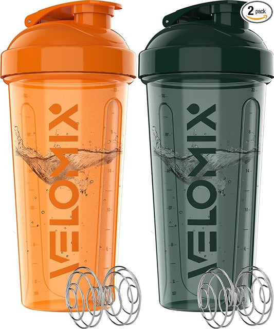 VELOMIX -2 Pack- 28 oz Protein Shaker Bottles for Protein Mixes - 2x Wire Whisk | Leak Proof Shaker Cups for Protein Shakes | Protein Shaker Bottle Pack | Shakers for Protein Shakes-Green&Orange