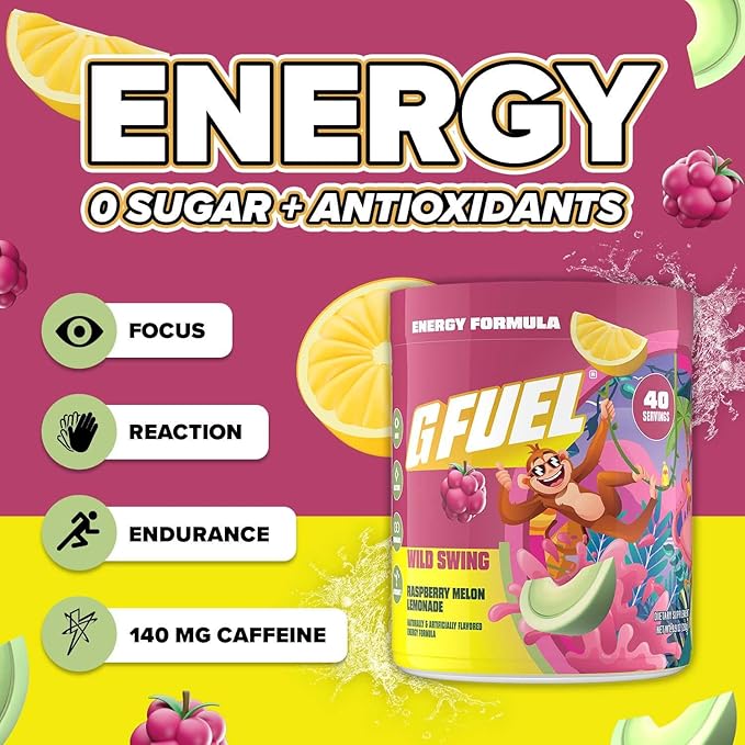 G Fuel Wild Swing Energy Drink Powder, Pre Workout Caffeine Mix for Gaming, Sugar Free Focus Amino, Vitamin + Antioxidants, 9.8oz (Raspberry Melon Lemonade, 40 Servings)