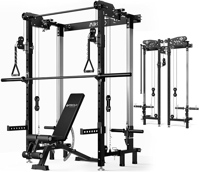 Mikolo Folding Squat Rack, Wall Mounted Power Rack with Cable Crossover Machine & LAT Pull Down, Functional Trainer with 5 Adjustable Function Modes, for Home Gym and Space Saving