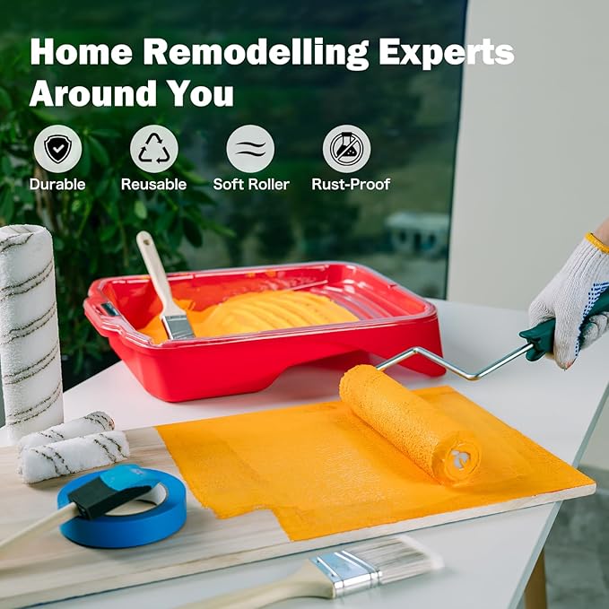 Mister Rui 20-Piece Paint Roller Kit with Non-Slip Tray, Microfiber Roller Covers, Brushes, Drop Cloth, and More for DIY & Professional Painting Projects - Complete Set for Home Improvement