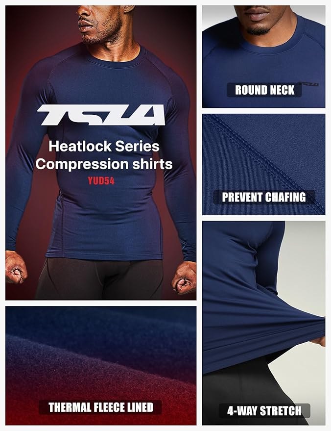 TSLA Men's Thermal Long Sleeve Compression Shirts, Athletic Base Layer Top, Winter Gear Running T-Shirt