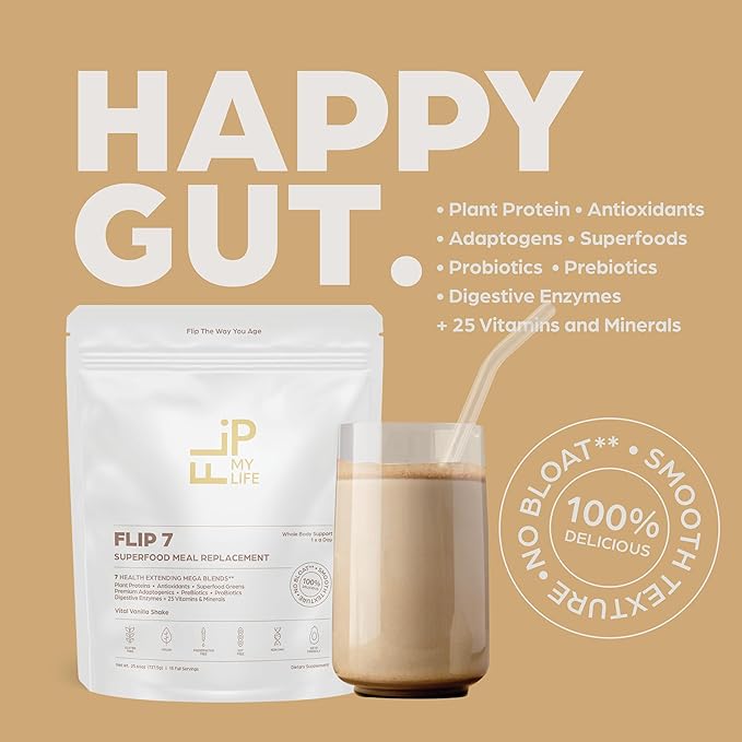 Flip My Life, Flip 7 Natural SuperFood, Plant-Based Protein, Complete Meal Replacement to Support Healthy Gut, 7 Mega Nutrient Rich Blends all in one to AGE BETTER - Vanilla