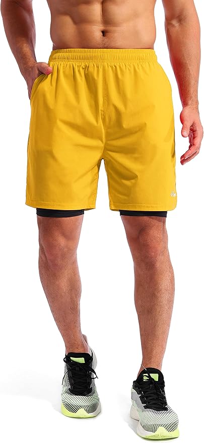 Pudolla Men’s 2 in 1 Running Shorts 5" Quick Dry Gym Athletic Workout Shorts for Men with Phone Pockets