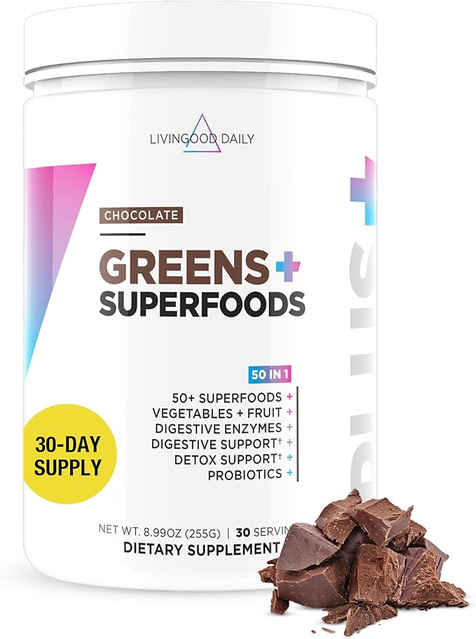 Livingood Daily Greens & Superfood Powder, Super Greens for Gut Health, Green Juice Powder with Spirulina, Chlorella, and Digestive Enzymes, Probiotics for Digestive Support, Chocolate, 30 Servings