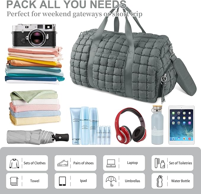 Quilted Travel Duffle Bag Gym Bag for Women,Large Puffer Duffle Weekender Bag with Compartment,Workout Overnight Carry on Organizer Bag Duffle Bag for Airplane Travel(L-Grey)