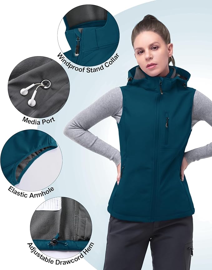 33,000ft Women's Hooded Lightweight Softshell Vest Fleece Lined Windproof Zip Up Sleeveless Jacket for Hiking Golf Running