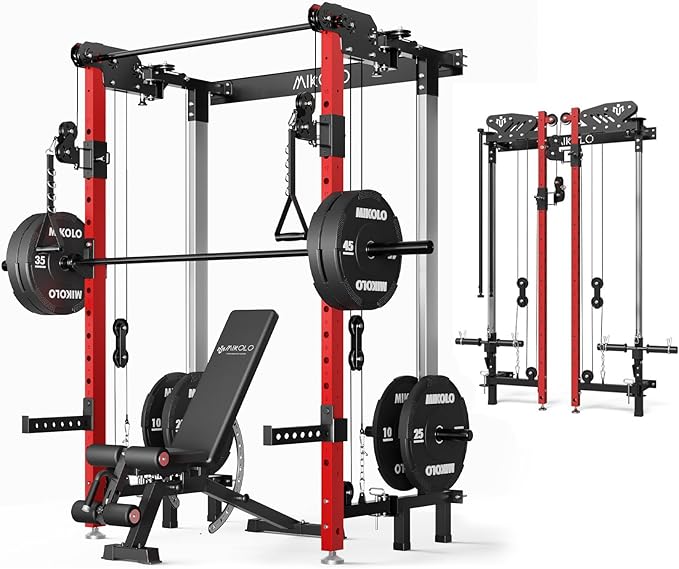 Mikolo Folding Squat Rack, Wall Mounted Power Rack with Cable Crossover Machine & LAT Pull Down, Functional Trainer with 5 Adjustable Function Modes, for Home Gym and Space Saving