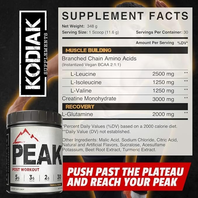 Peak Post Workout - BCAA 2:1:1 Creatine - Glutamine - Muscle Recovery and Strength Building Supplement - 30 Servings - Tropical Mango