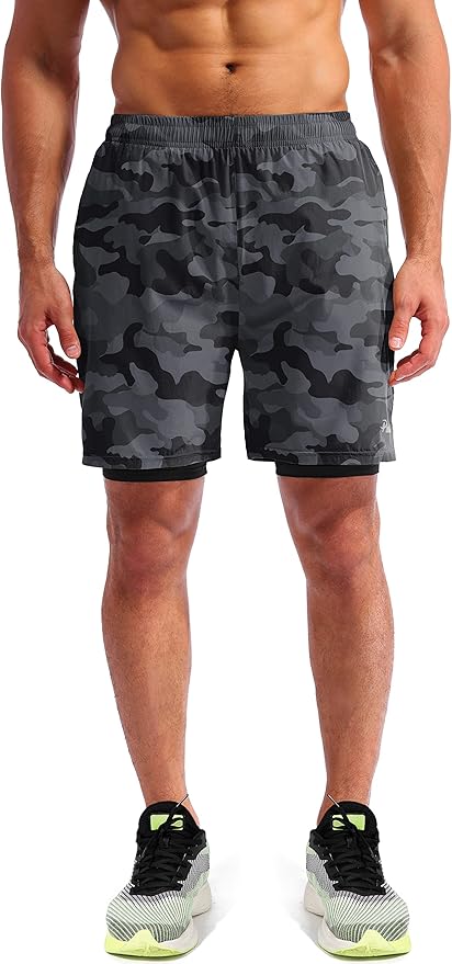 Pudolla Men’s 2 in 1 Running Shorts 5" Quick Dry Gym Athletic Workout Shorts for Men with Phone Pockets
