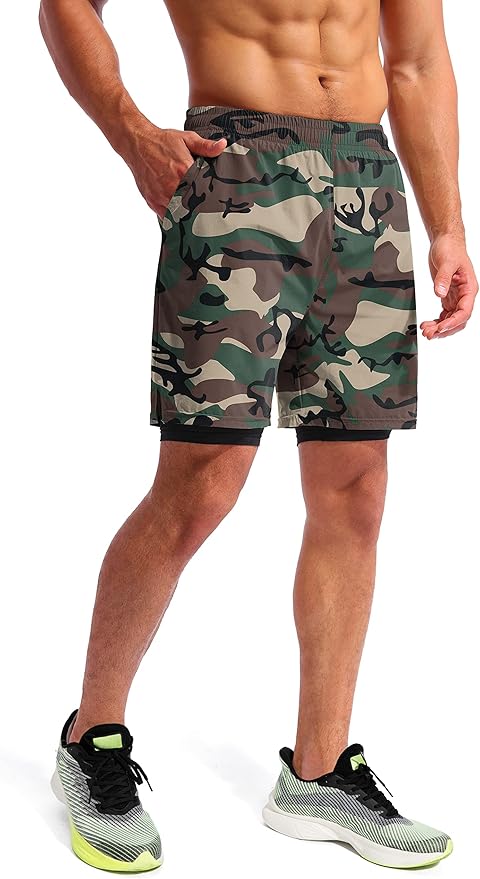 Pudolla Men’s 2 in 1 Running Shorts 5" Quick Dry Gym Athletic Workout Shorts for Men with Phone Pockets