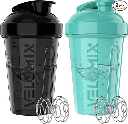 VELOMIX -2 Pack- 20 oz Protein Shaker Bottles for Protein Mixes - 2x Wire Whisk | Leak Proof Shaker Cups for Protein Shakes and Pre Workout | Protein Shaker Bottle Pack (Black/Torquoise)