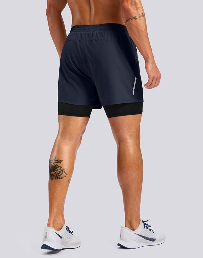 Pudolla Men's 7" Running Shorts with Zipper Pockets Quick Dry 2 in 1 Workout Gym Shorts with Liner for Tennis Yoga Training
