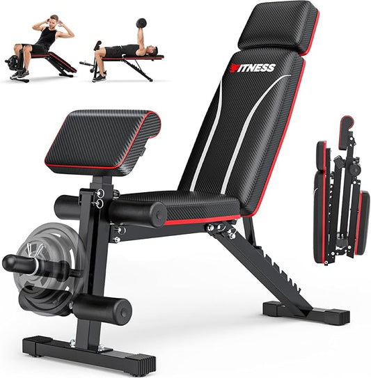 Fostoy Foldable Workout Bench Press, Adjustable Weight Bench for Home Gym, 800LB Multi Functional Gym Bench w/Leg Extension &Preacher Pad, Extra Headrest, Fast Folding Strength Training Incline Sit up Bench