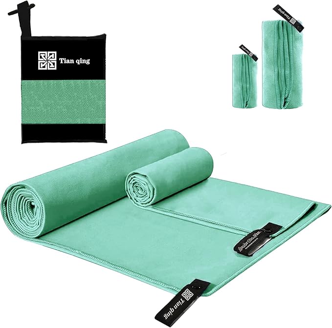 Tian qing Microfiber Camping Towel Set, 2 Pieces, Fast Drying, Soft Touch, Lightweight, Multiple Sizes for Beach, Gym,Hiking, Pool, Yoga,Travel,Turquoise