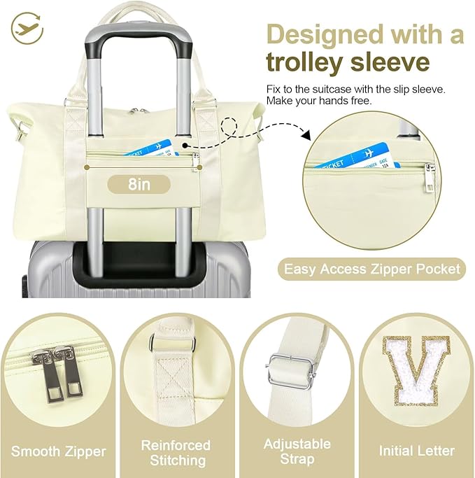 Dance Gym Duffel Bag for Teen Girls, Personalized Initial Travel Weekender Bag,Cute Overnight Carry On Duffle for Women,Sports Travel Cheer Bag,Monogram Christmas Gifts for Tween Preppy(beige-V)