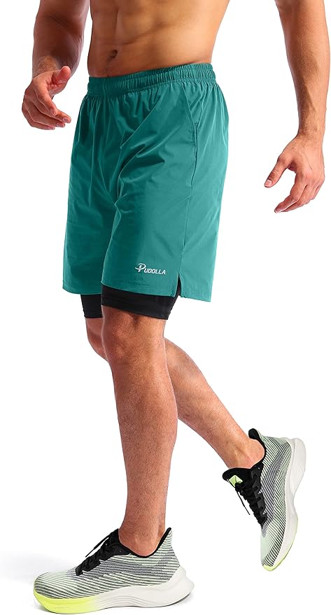 Pudolla Men’s 2 in 1 Running Shorts 5" Quick Dry Gym Athletic Workout Shorts for Men with Phone Pockets