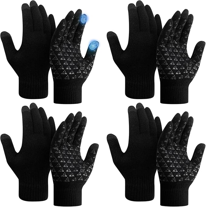 SATINIOR 4 Pairs Winter Gloves for Men Knit Warm Lining Cold Weather Gloves with Anti Slip Grips Touch Screen Texting Mittens