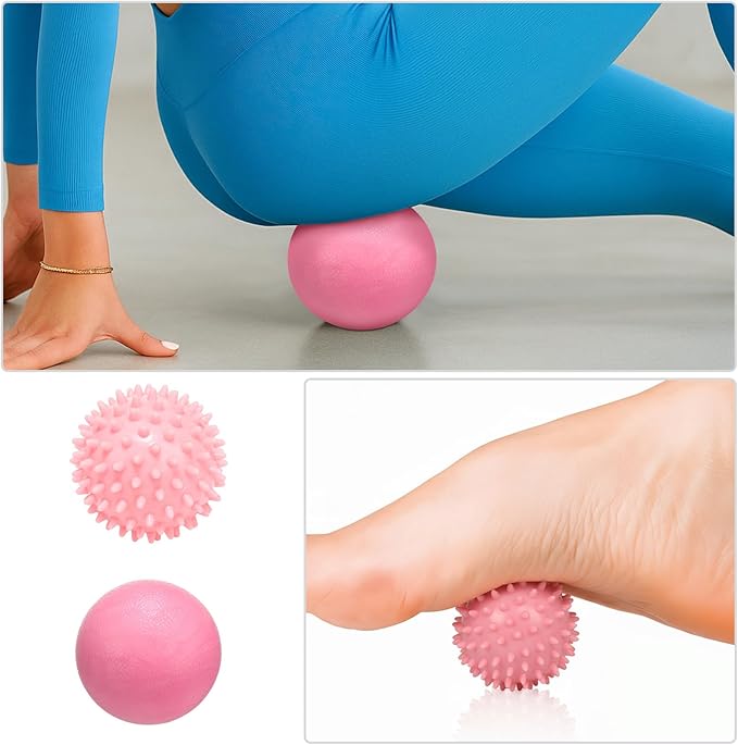 Soulchen 11 Pcs Pink 7 In1 Foam Roller Set Foam Back Roller Massage Stick Exercise Resistance Elastic Bands Plantar Fasciitis Ball Spiky Massager Ball with Bag for Physical Body Therapy Yoga Pilates