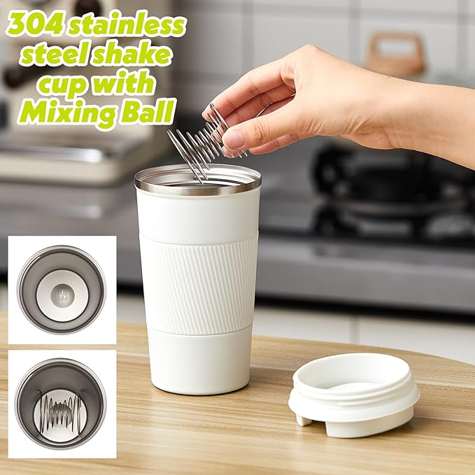 Maxdot 2 Pcs Stainless Steel Shaker Cup with Mixing Ball 17 oz Insulated Metal Blender Tumbler Water Bottle for Protein Mixes Gym Workout Coffee Drink (White)