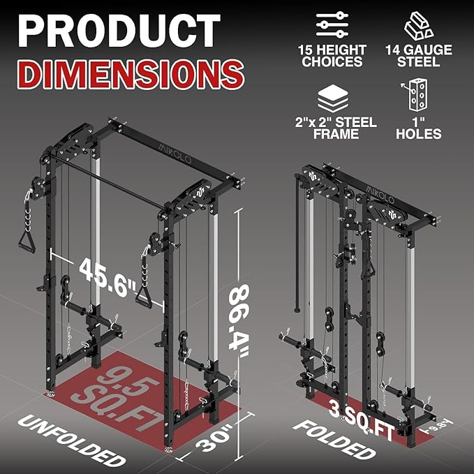 Mikolo Folding Squat Rack, Wall Mounted Power Rack with Cable Crossover Machine & LAT Pull Down, Functional Trainer with 5 Adjustable Function Modes, for Home Gym and Space Saving