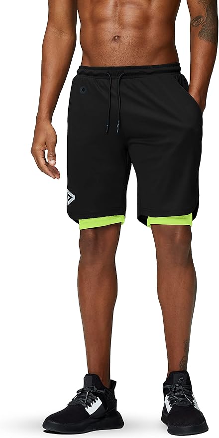 Pinkbomb Men's 2 in 1 Running Shorts Gym Workout Quick Dry Mens Shorts with Phone Pocket