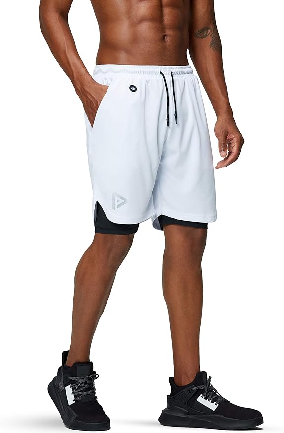 Pinkbomb Men's 2 in 1 Running Shorts Gym Workout Quick Dry Mens Shorts with Phone Pocket