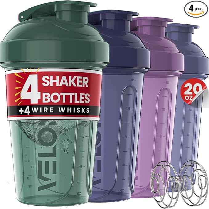 VELOMIX -4 PACK- 20 OZ Protein Shaker Bottles for Protein Mixes, Shaker Cups for Protein Shakes, Small Shaker Bottle Pack, Shaker Cup, Shakers for protein Shakes (Blue Mirage)