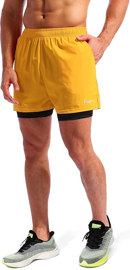 Pudolla Men’s 2 in 1 Running Shorts 5" Quick Dry Gym Athletic Workout Shorts for Men with Phone Pockets
